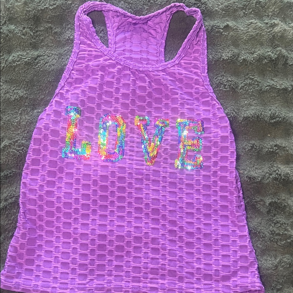 Private Label Purple Mesh Tank Top with Sequin Love Design
